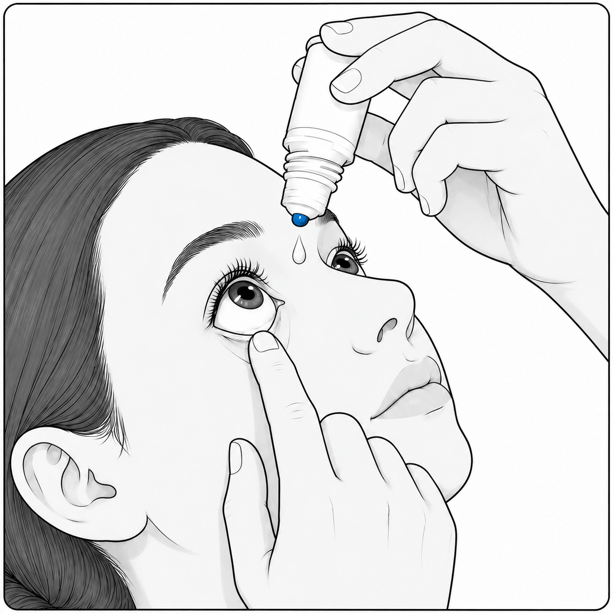 Tilt your head back and look up. Hold the bottle above your eye and gently pull down the lower eyelid to form a small pocket between your eyelid and your eye.